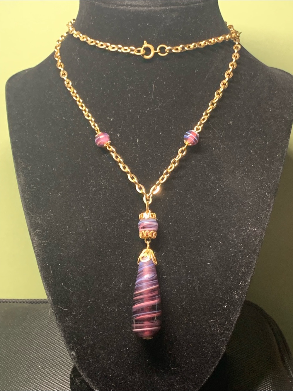 Gold Chain Necklace with Purple-Pink Swirl Pendant